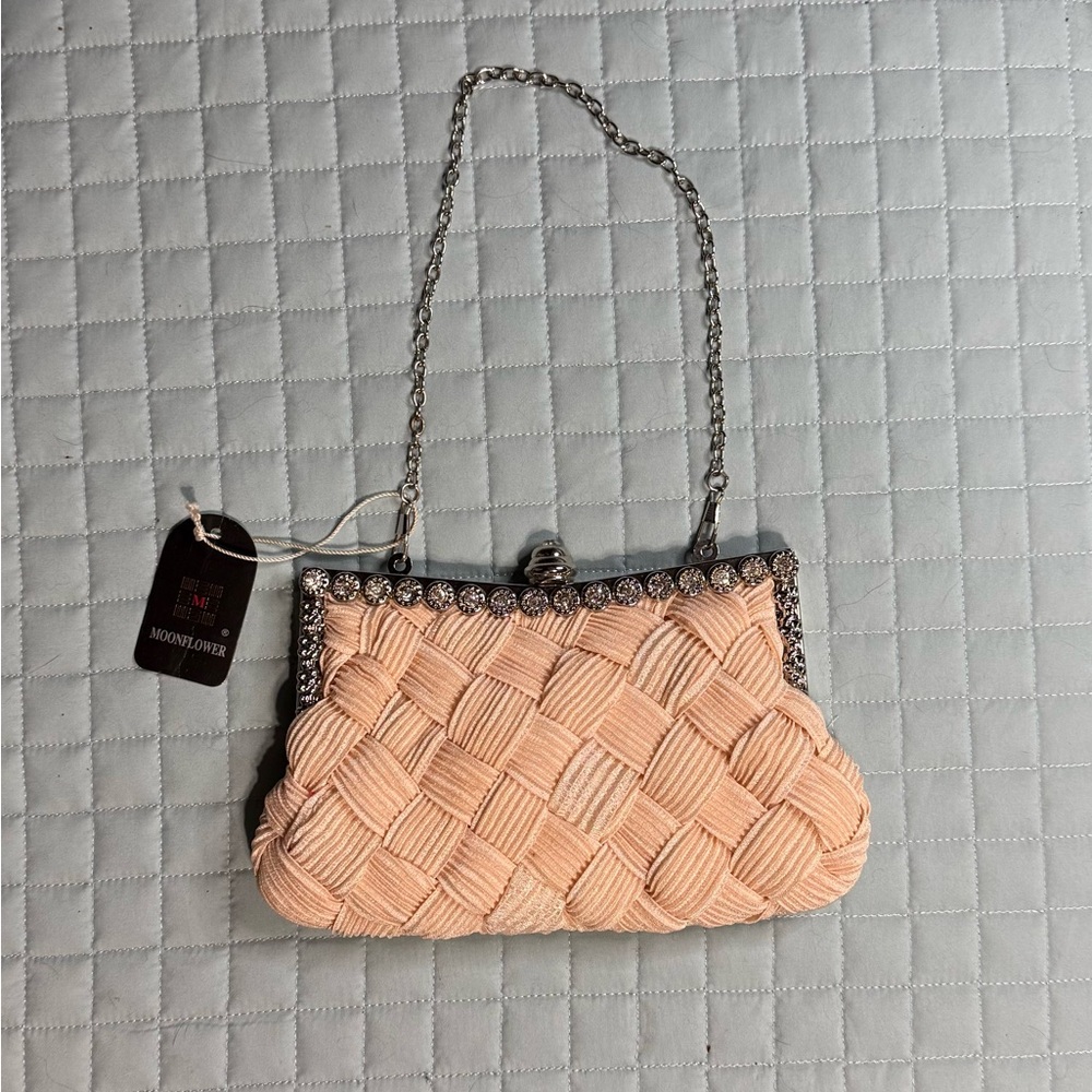 Peach Woven Evening Clutch with Rhinestones and Chain